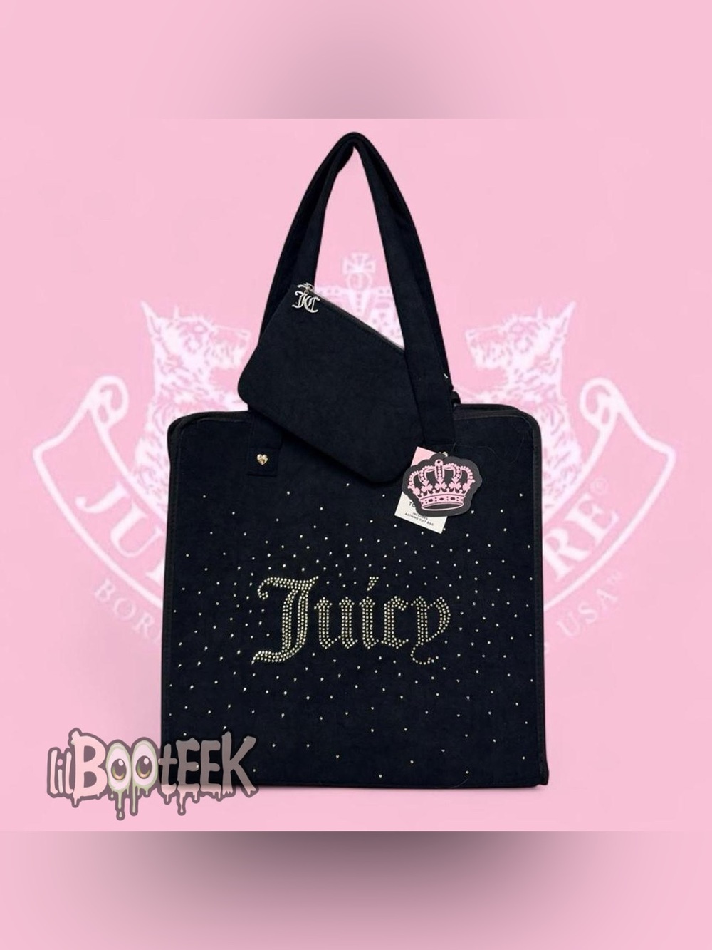 Juicy Couture Black & Gold Rhinestone Logo Oversized Beach Tote with Pouch NWT